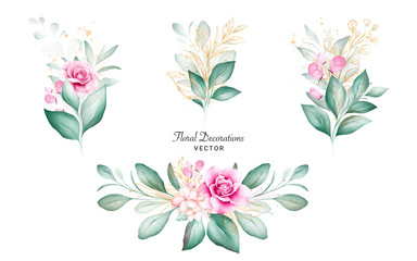 Set of watercolor bouquets for logo or wedding card composition. Botanic decoration illustration of peach and red roses, leaves, branches, and gold glitter