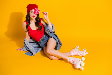 Top above high angle view full length photo flirty girl sit floor close eye lolipop send air kiss...