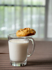 Chewy chocolate chip soft cookie on cup of milk