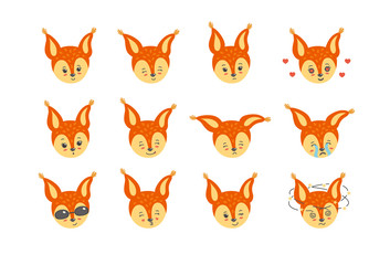 Colorful set of emotions. Cute, happy, sad, amused, crying and other squirrel expressions. Vector illustration in flat style