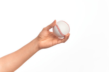 Hand of caucasian young man holding baseball ball over isolated white background
