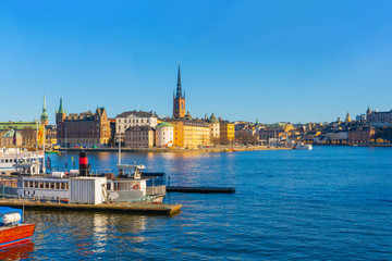 Fototapeta na wymiar View of the old town (gamla stan). Stockholm capital of Sweden. Lakeside panorama. Travel photo.