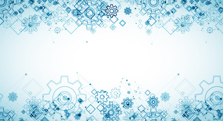 Abstract blue technological background. Structure square pattern with cogwheels and plexus effect. Vector