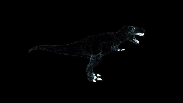 T-rex dinosaur Hologram Wireframe. Nice 3D Animation on a black background with a seamless loop for futuristics projects