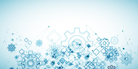 Abstract blue technological background. Structure square pattern with cogwheels and plexus effect. Vector