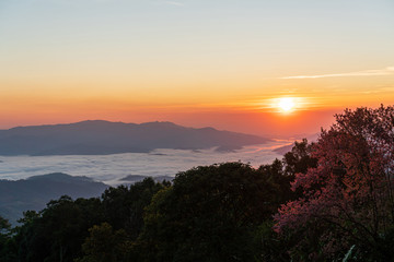 Beautiful sunrise and colorful sky in the mist over the mountain
