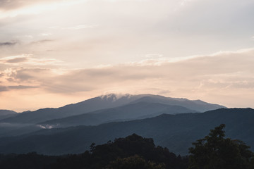Mountains and trees on a rainy evening day