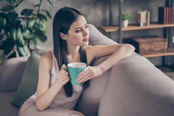 Profile side photo of calm peaceful quiet girl sit divan look hold tasty coffee cup dream plan...