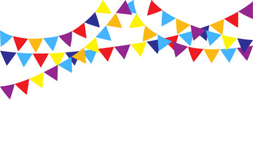 Obraz premium Multi-colored flags on the ropes on a white background. Unique decoration of triangular flags. Vector illustration. Stock Photo.