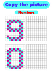 Copy the picture. Draw the numbers using the grid. Color by example.  Educational game for children with learning numbers and symmetry. Worksheet for kids. Stock vector illustration.