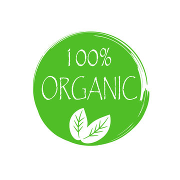 The emblem is a green round sign with the original white inscription "100% organic", with the image of white leaves. Vector illustration. Stock Photo.