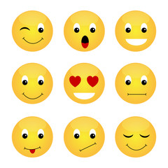 Yellow volumetric emoticons with different emotions. Unique balls with faces expressing different emotions. Vector illustration. Stock Photo.