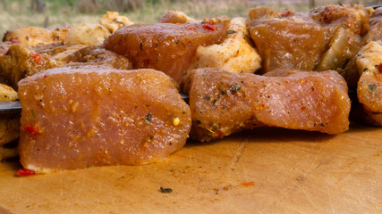 marinated pork skewers on skewers with spices and onions. raw meat in chunks