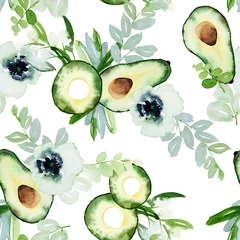 Vlies Fototapete Avocado Nahtloses Muster mit Avocado, Aquarellzusammensetzung zum Dekorieren von Handtüchern, Küchenhintergründen