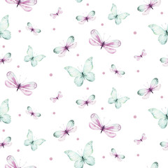 Naklejki  Akwarela kolorowe motyle, motyl, błędy wzór na białym tle. niebieski, żółty, różowy i czerwony motyl wiosna ilustracja.