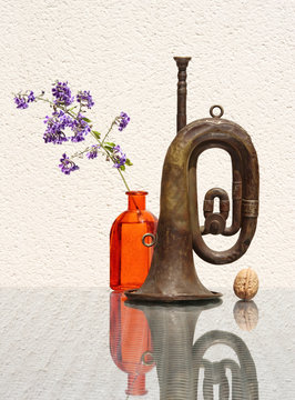 Still life with flower and old bugle