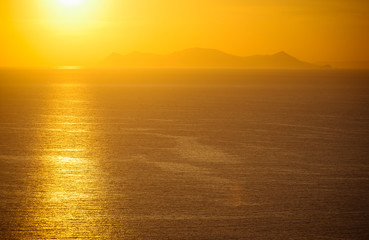 Sunset on Santorini island in Greece. Closed season 2020. 