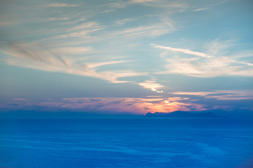 Sunset on Santorini island in Greece. Closed season 2020. 