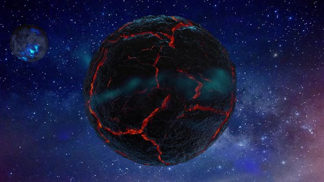 Space background. Dead planet covered with cooled lava and red lava rivers