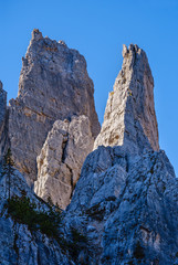 Autumn Dolomites mountain scene, Sudtirol, Italy. Cinque Torri (Five towers) rock formation.