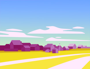 Vector cartoon illustration with yellow fields and houses, blue sky and clouds, summer village. Modern flat landscape illustration. For book, poster, covers design, web banners.