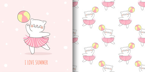 Greeting card and print pattern cat with ball for summer.