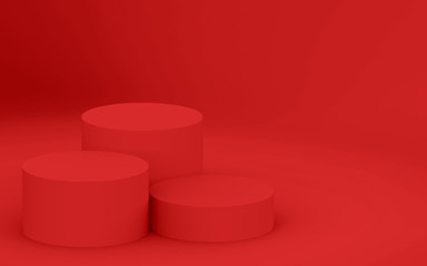 3d red cylinder podium minimal studio background. Abstract 3d geometric shape object illustration render. Display for summer holiday product.