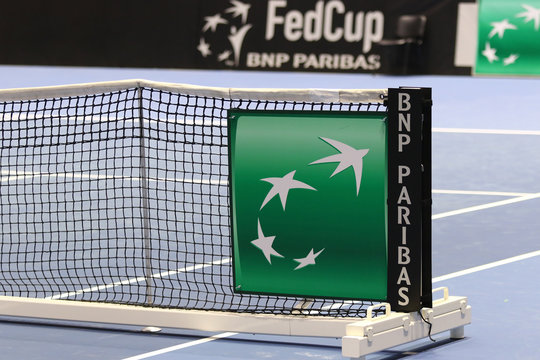 Details of tennis court of Palace of Sports Lokomotiv during BNP Paribas FedCup game Ukraine vs Australia in Kharkiv, Ukraine