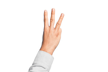 Hand of caucasian young man showing fingers over isolated white background counting number 3 showing three fingers