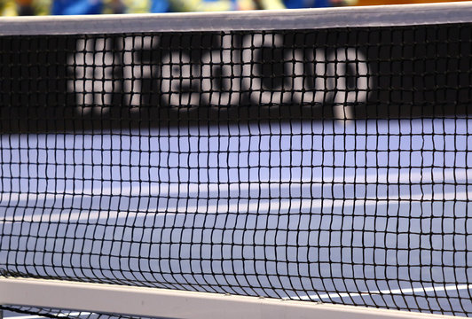 Details of tennis court of Palace of Sports Lokomotiv during BNP Paribas FedCup game Ukraine vs Australia in Kharkiv, Ukraine