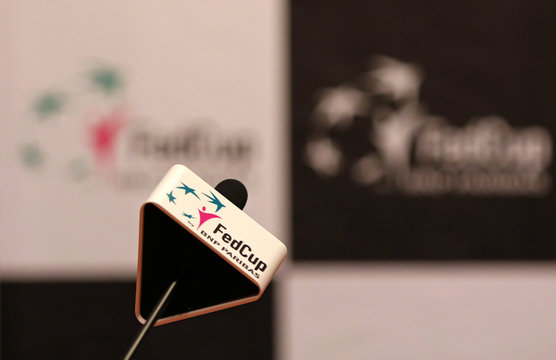 Details of press-room of Palace of Sports Lokomotiv after BNP Paribas FedCup game Ukraine vs Australia in Kharkiv, Ukraine