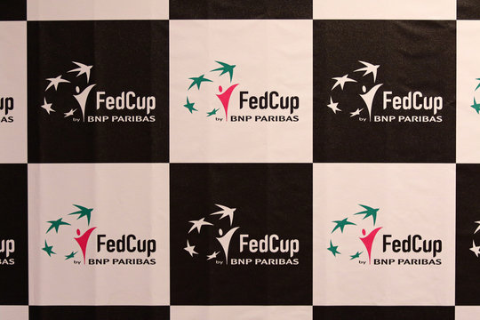 Details of press-room of Palace of Sports Lokomotiv after BNP Paribas FedCup game Ukraine vs Australia in Kharkiv, Ukraine
