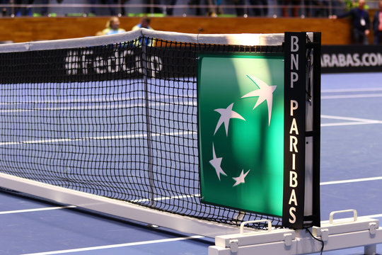 Details of tennis court of Palace of Sports Lokomotiv during BNP Paribas FedCup game Ukraine vs Australia in Kharkiv, Ukraine