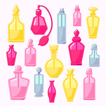 Vector flat illustration with colorful 3d perfume bottles isolated on white background. Modern cartoon style. Icons for games, web banners. Different tube for cosmetics, beauty and fashion concept.
