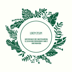 Vector template with round frame for text and tropical leaves around frame isolated on white background. Cartoon scandinavian style. Minimalistic template for wedding decor, greeting card, postcard.