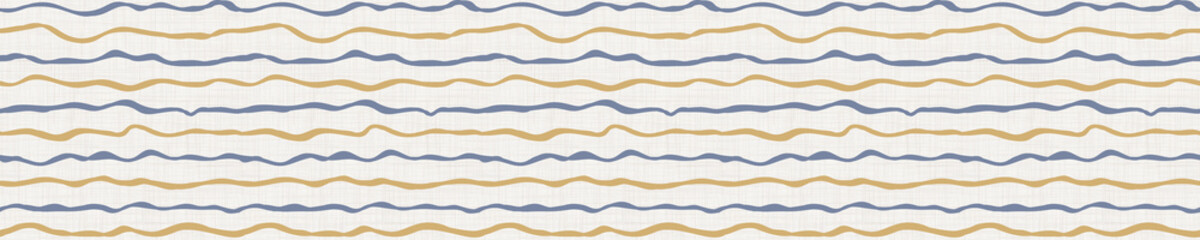 Seamless french farmhouse wavy stripe border pattern. Provence linen shabby chic style banner. Hand drawn rustic texture. Yellow blue background. Interior edging bordure. Striped textile ribbon trim