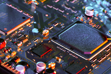 Electronic circuit board close up.	