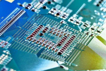 Electronic circuit board close up.	