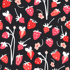 Vector vintage seamless pattern with red strawberries and white leaves on dark background. Colorful cartoon texture for kitchen textile design, wallpaper, vegan market package, fabric, print, covers.