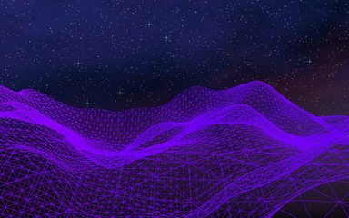 Abstract ultraviolet landscape on a dark background. Purple cyberspace grid. hi tech network. Outer space. Violet starry outer space texture. 3D illustration