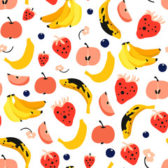Vector seamless pattern with tropical fruits and berries on white background. Colorful cartoon texture for kitchen textile design, menu background, covers, summer wallpaper.