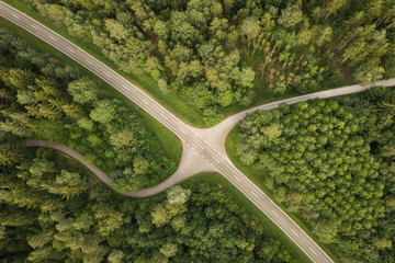 Street intersection in forest from above
