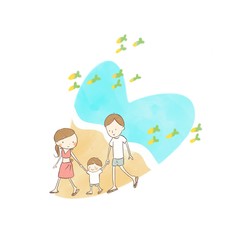 Family at beach, parent and sun, heart-shaped frame  
