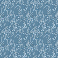 Vector seamless pattern with branches with avocado on blue background on doodle linear style. Modern minimalistic botanical pattern. Texture with white linear branches of avocado tree with leaves.