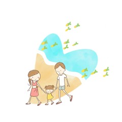 Family at beach, parent and daughter, heart-shaped frame 