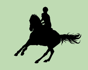 show jumping, sports girl galloping on a horse, isolated images, black silhouette on a green background, for decoration and design