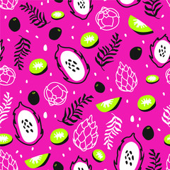 Vector colorful seamless pattern with tropical fruits, kiwi, pitaya on pink background. Summer cartoon texture for textile design, wallpaper, branding, package design, fabric. Hand draw doodle style.