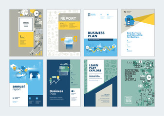 Set of brochure, annual report, business plan cover design templates. Vector illustrations for business presentation, business paper, corporate document, flyer and marketing material.