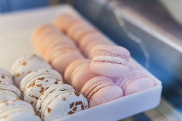 Fototapeta premium A french sweet delicacy, macaroons variety close-up on a showcase