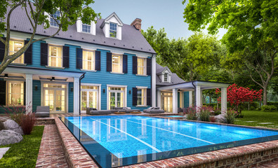 3d rendering of modern cozy classic house in colonial style with garage and pool for sale or rent with beautiful landscaping on background. Clear summer evening with cozy light from window